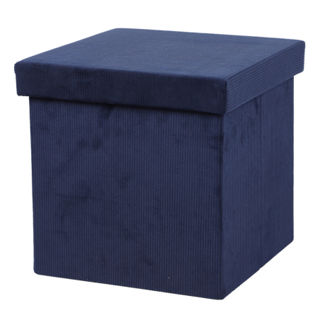 Pouf de rangement pliable en velours côtelé "Kube" - Bleu marine - L 76 x P 37,5 x H 37,5 c