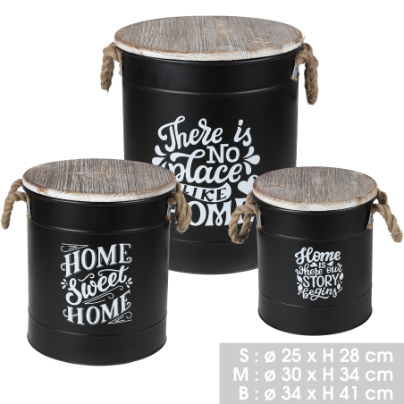 Lot de 3 tables d'appoint bidons vintage en métal "Loft & Metal" - Noir - D 25/30/34 x H 28/34/41 cm