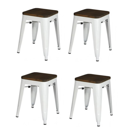 Lot de 4 tabourets en métal et bois "Liv" - Blanc - H 46 x L 39 x P 39 cm