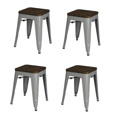 Lot de 4 tabourets en métal et bois "Liv" - Gris clair - H 46 x L 39 x P 39 cm