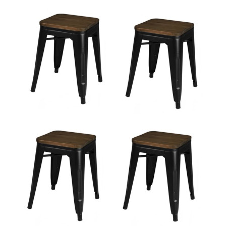 Lot de 4 tabourets en métal et bois "Liv" - Noir - H 46 x L 39 x P 39 cm