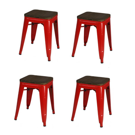 Lot de 4 tabourets en métal et bois "Liv" - Rouge - H 46 x L 39 x P 39 cm