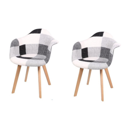 Lot de 2 fauteuils "Patchwork" avec pieds en bois - Blanc/Noir - L 63 x l 63 x H 81 cm
