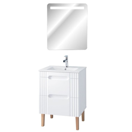 Meuble à poser avec vasque à encastrer 60 cm + miroir LED Oceanie White