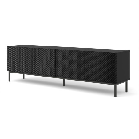 Meuble TV Ravenna avec 4 portes en bois et cadre noir - Noir brillant - L 200 x P 42 x H 58 cm