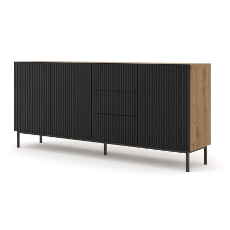 Commode Ravenna avec 3 portes + 3 tiroirs en bois et cadre noir - Noir et beige - L 200 x P 42 x H 89 cm