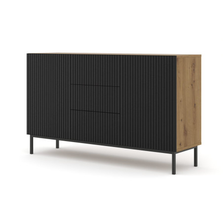 Commode Ravenna avec 2 portes + 3 tiroirs en bois et cadre noir - Noir et beige - L 150 x P 42 x H 89 cm