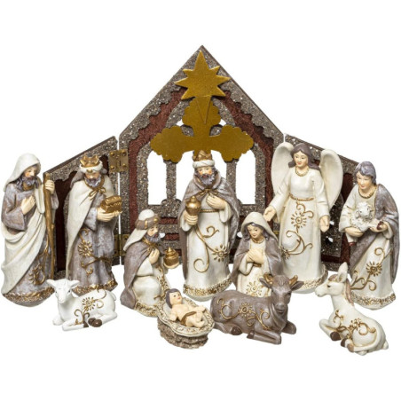 Crèche de Noël en bois avec 11 santons en résine - L 20 x P 12 x H 30 cm