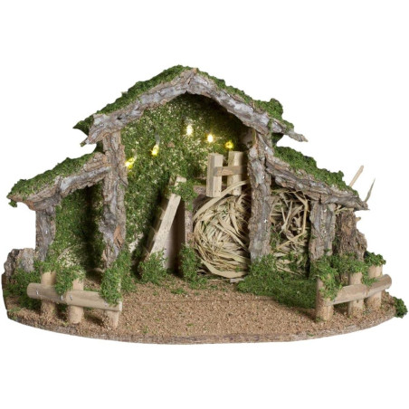 Crèche de Noël vide en bois et résine avec LED - Marron/vert - L 28 x P 22,5 x H 38 cm