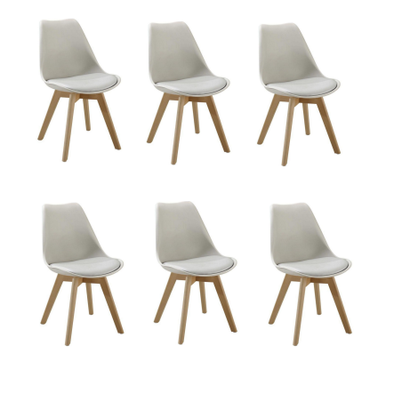 Lot de 6 chaises "Bjorn" en plastique et bois - Gris clair/beige - H 82 x L 46,5 x P 53 cm