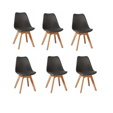 Lot de 6 chaises "Bjorn" en plastique et bois - Noir/beige - H 82 x L 46,5 x P 53 cm