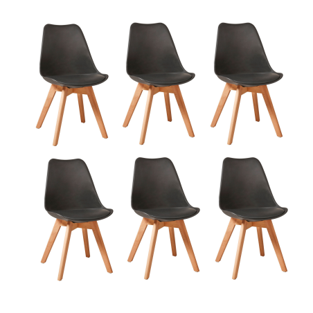 Lot de 6 chaises "Norvège" en plastique et bois - Noir - H 83 x L 53 x P 56 cm