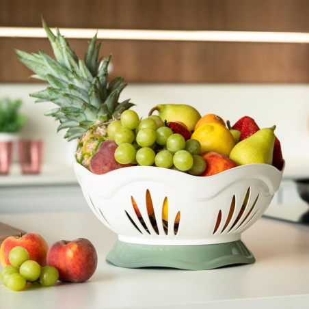 Corbeille à fruits "Folia" en plastique - Blanc/Vert - D 29,5 x H 14 cm