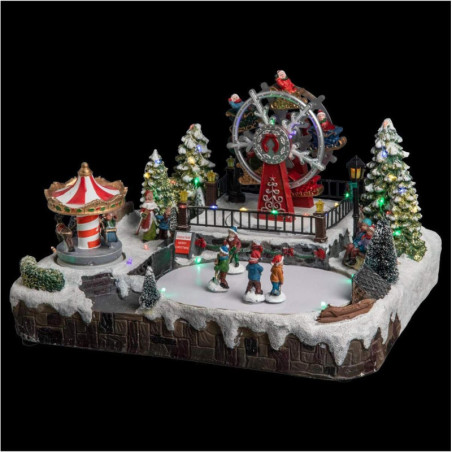 Village de Noël lumineux avec caroussel et grande roue - Multicolore - L 35 x l 29 x H 22 cm