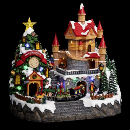 Village de Noël lumineux avec manoir et sapins - Multicolore - L 24 x l 32 x H 32 cm