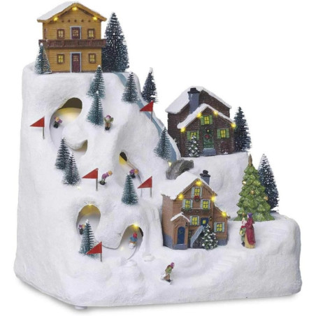 Village de Noël lumineux avec chalet et piste de ski - Multicolore - L 32 x l 23,5 x H 34,5 cm