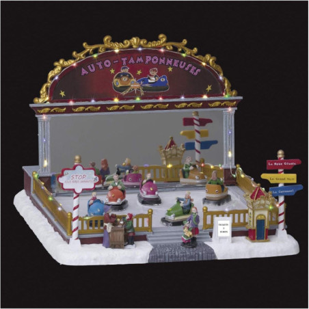 Village de Noël lumineux fête foraine avec auto tamponneuses - Multicolore - L 31,5 x l 35,5 x H 34 cm