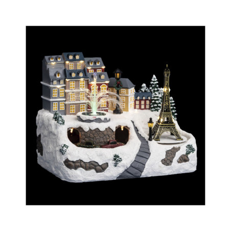 Village de Noël lumineux avec fontaine et tour Eiffel - Multicolore - L 30 x P 21,5 x H 23 cm