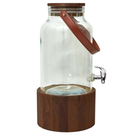Fontaine à boisson en verre à anse avec couvercle et support en bois - 6L - Transparent/Marron- H 41 x D 20 cm