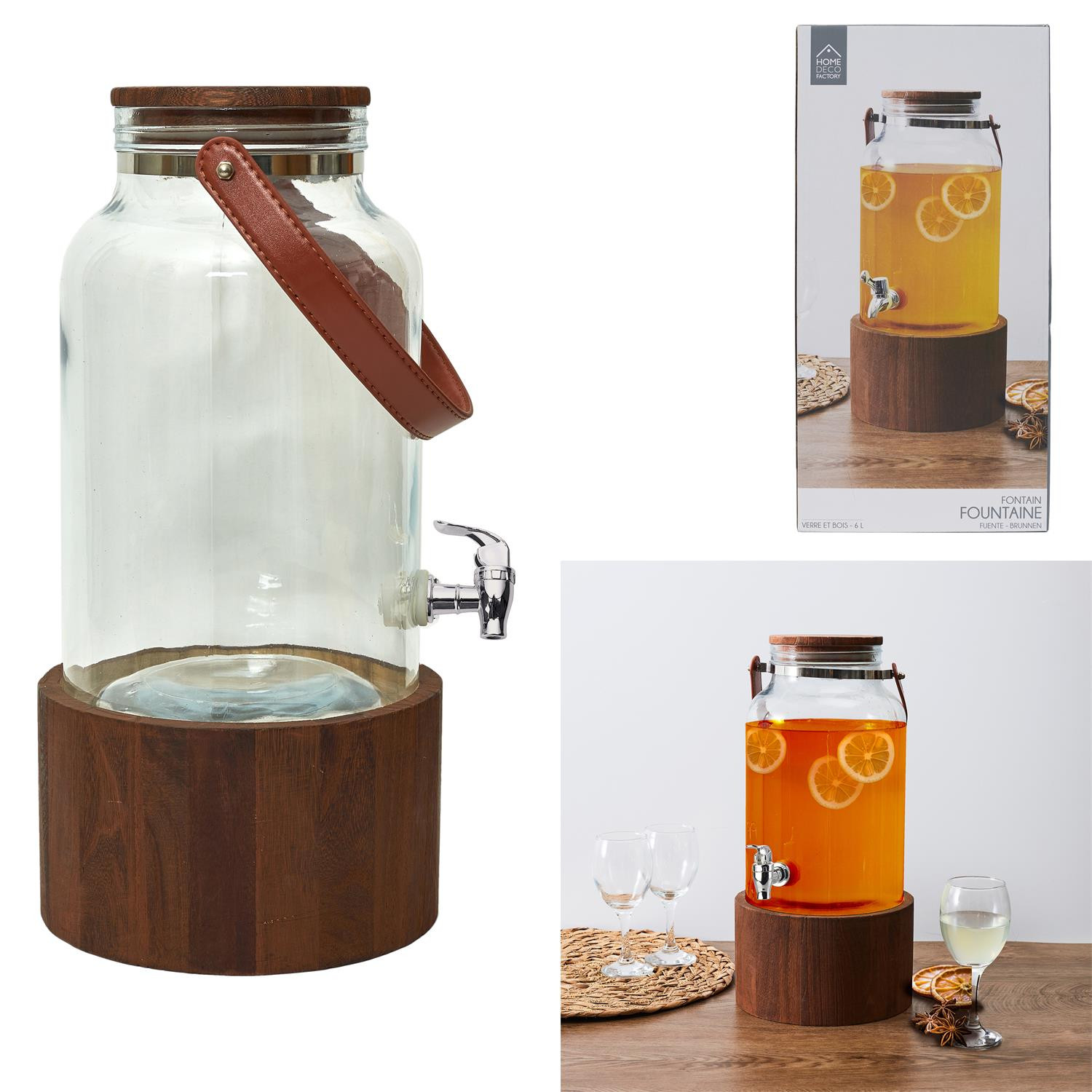 Fontaine à boisson en verre à anse avec couvercle et support en bois - 6L -  Transparent/Marron- H 41 x D 20 cm