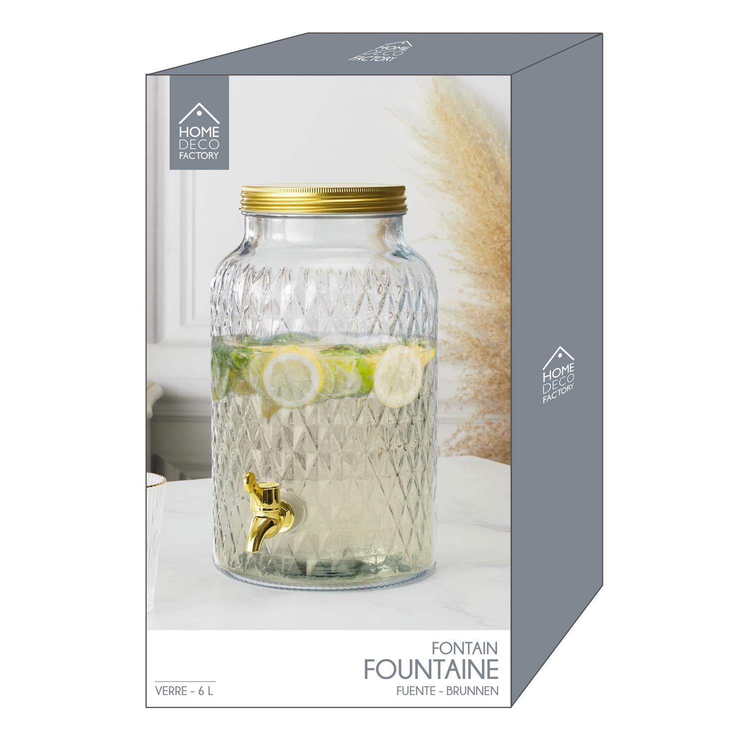 Fontaine à boisson en verre au design diamant - 6L - Transparent