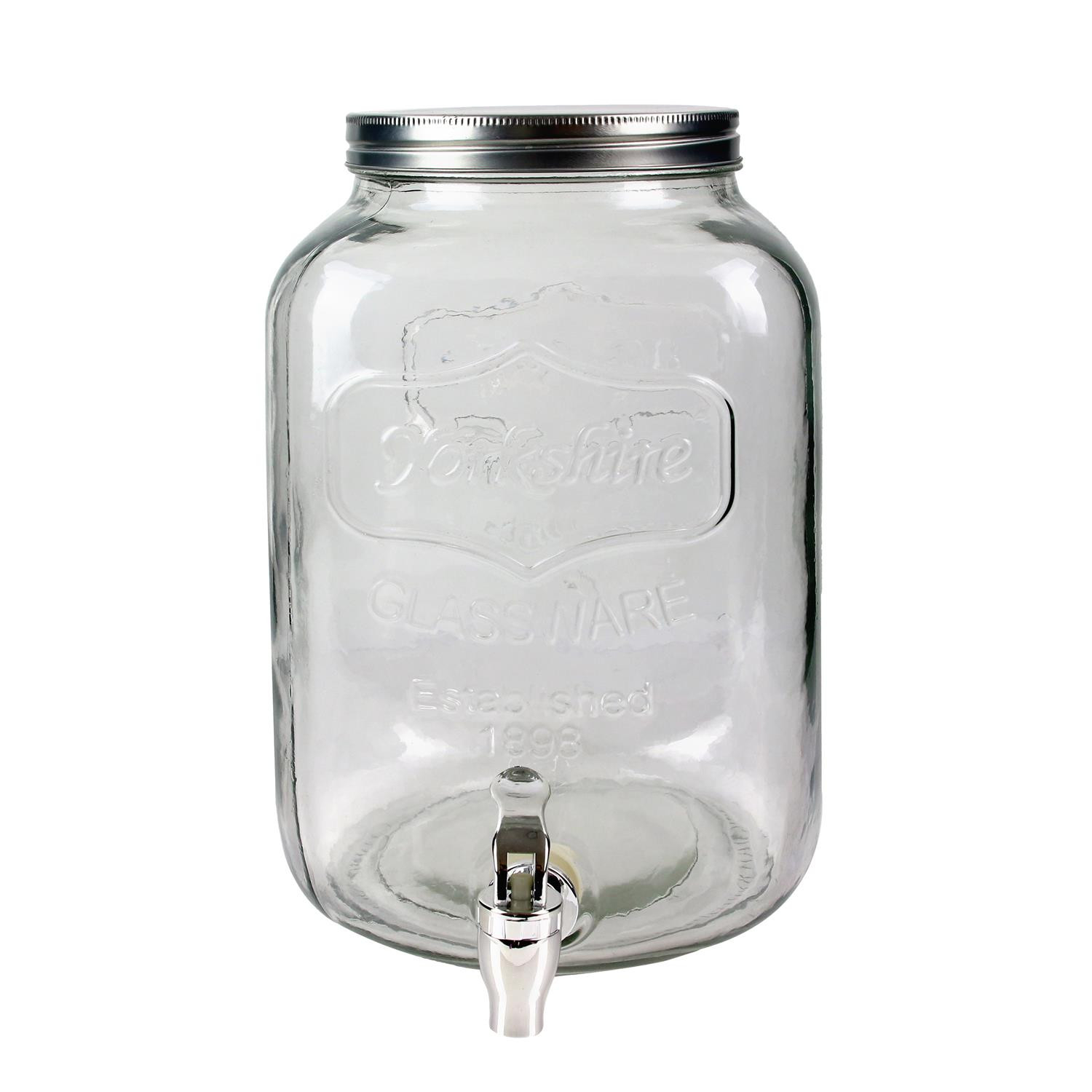 Fontaine à boisson en verre à anse avec couvercle et support en bois - 6L -  Transparent/Marron- H 41 x D 20 cm