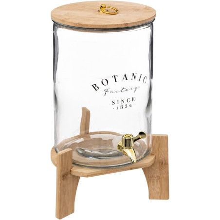 Fontaine à boisson en verre avec support et couvercle en bambou - 8L - Transparent/beige - H 42 x D 22,5 cm