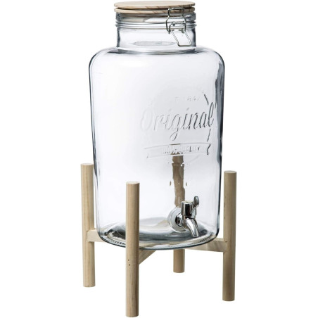 Fontaine à boisson en verre avec support en bambou - 8L - Transparent/beige - H 46,5 x D 21 cm