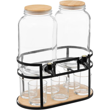 Double fontaines à boisson en verre avec support + 6 verres - 2x3,3L - Transparent/beige - H 38 x L 32 x P 20 cm