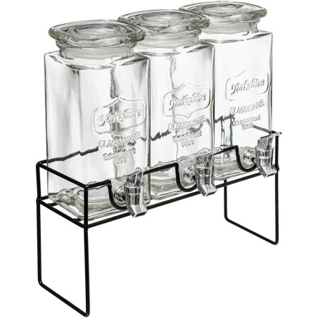 Triple fontaine à boisson en verre avec support en métal - 3 x 1,5L - L 32,5 x P 15,5 x H 36 cm