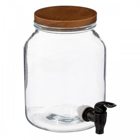 Fontaine à boisson en verre et couvercle en bois - 3L - Transparent/marron- L 21,5 x P 16,5 x H 22 cm