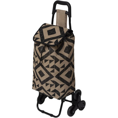 Chariot de courses à 6 roues en jute à motifs - 33L - Beige/Noir - L 41 x P 32 x H 93 cm.