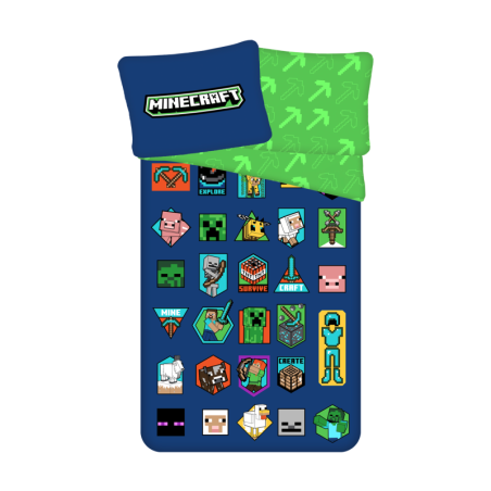Minecraft - Parure de lit en coton "Badges" - Bleu/Vert - 140 x 200 cm