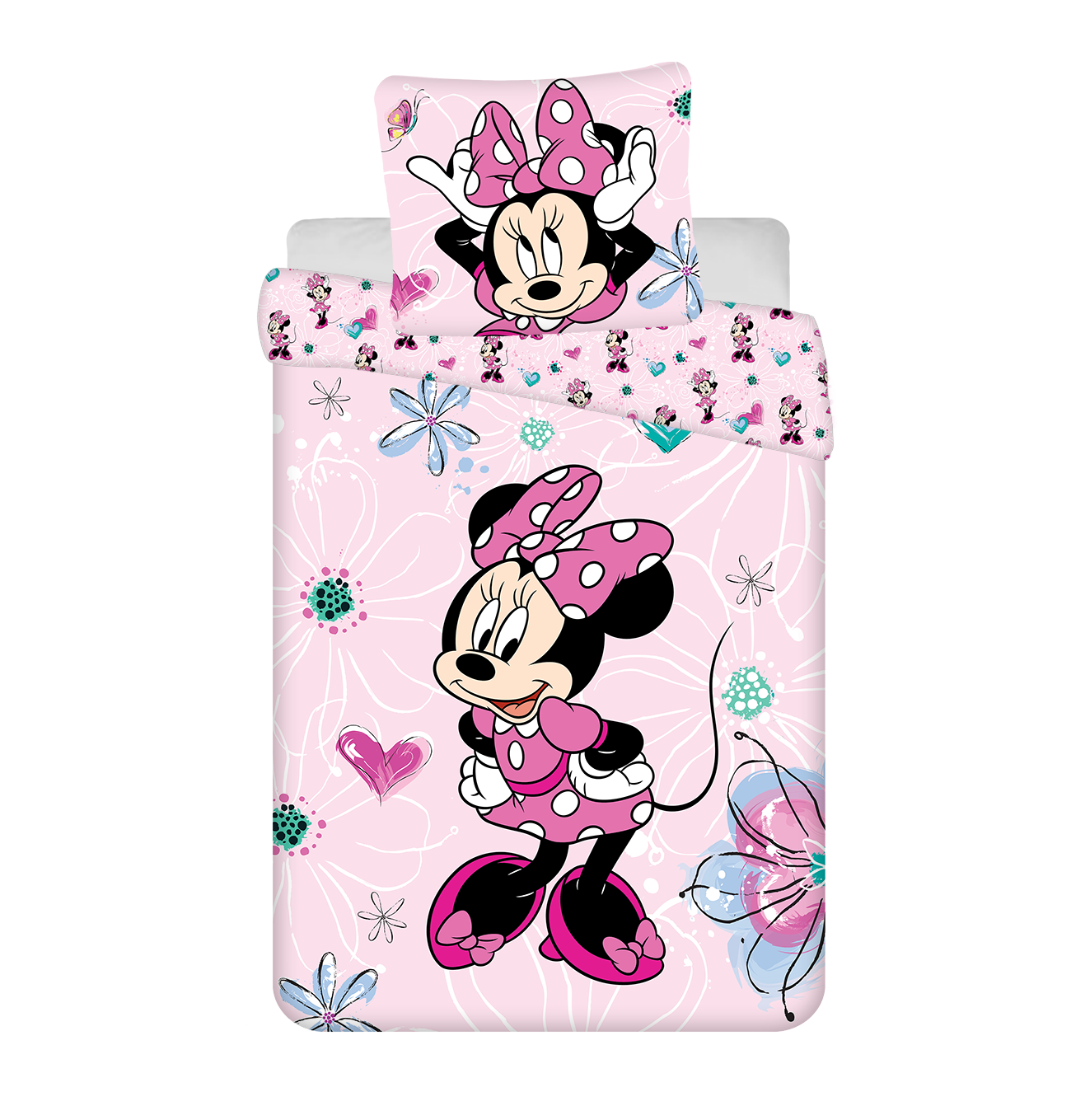 Disney - Parure de lit en coton Minnie : Fleurs - Rose - 160 x 200 cm
