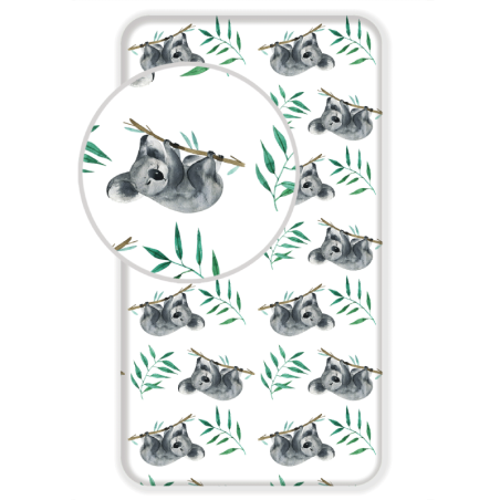 Drap housse en coton "Koala" - Blanc/Gris - 90 x 200 cm