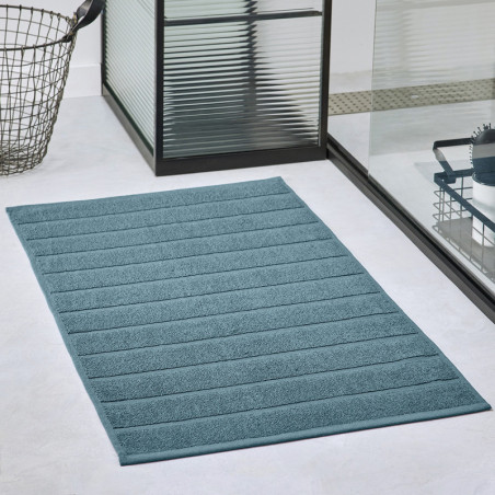 Tapis de bain en coton "Essential" à motif rayures - Bleu paon - l 50 x L 80 cm