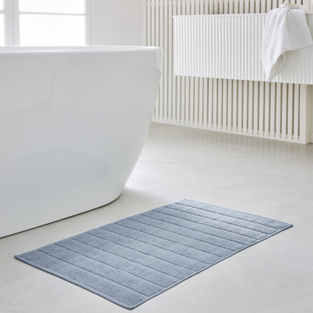 Tapis de bain en coton "Essential" à motif rayures - Bleu denim - l 50 x L 80 cm