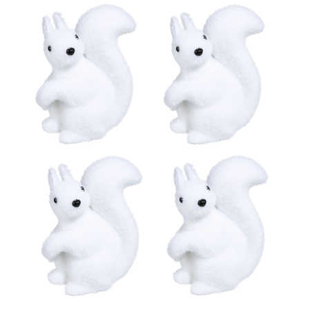 Lot de 4 décorations de petits écureuils assis en polystyrène - Blanc - H 12 x L 10,5 x P 6 cm
