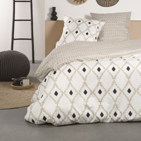 Parure de lit double "Crazy" à motif losange - Blanc/Beige - 220 x 240 cm