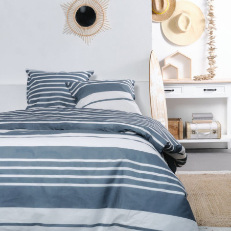 Parure de lit double en coton "Sunchine" à rayures - Bleu/Blanc - 220 x 240 cm