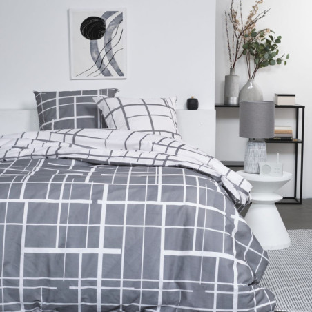 Parure de lit double à motif géométrique "Crazy" - Blanc et Gris - 220 x 240 cm