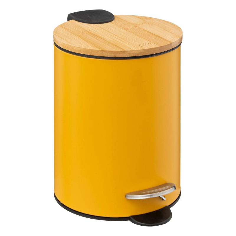 Poubelle de salle de bain en métal et bambou - 3L - Jaune - H 23 x D 22,5 cm