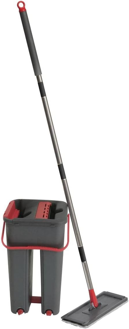 Seau essoreur avec balai - 4L - Rouge/Noir - H 143 x L 17 x P 20,5 cm