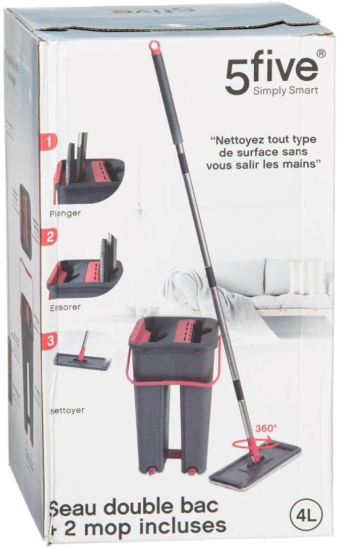 Seau essoreur avec balai - 4L - Rouge/Noir - H 143 x L 17 x P 20,5 cm