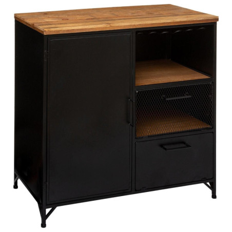 Buffet en bois et métal "Cierna" avec 1 porte + 2 tiroirs + 1 niche - Noir/Marron - L 80 x P 42,5 x H 85 cm