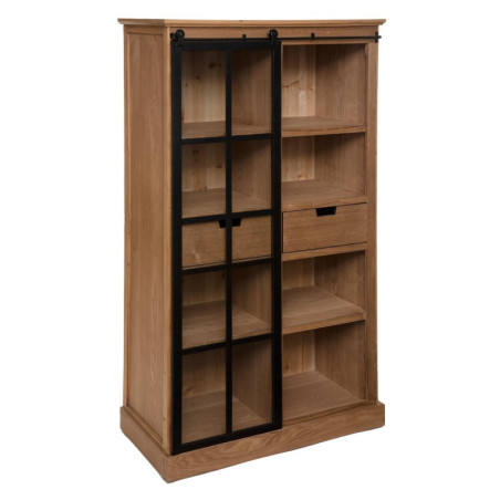 Meuble vitrine en bois avec porte en verre + 2 tiroirs + 8 niches - Marron - H 150 x L 80 x P 40 cm