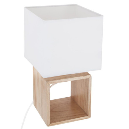 Lampe à poser carré en bois et tissu "Pojo" - Beige/Blanc - 18 x 18 x H 32 cm