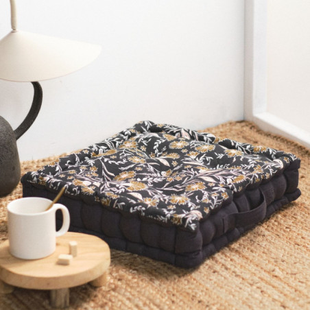 Coussin de sol carré en coton "Indies" à motif floral - Noir - 40 x 40 cm