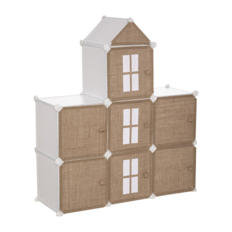 Rangement en forme de château avec 7 cases en jute et fer - Blanc/Beige - L 94,7 x P 31,7 x H 108,8 cm