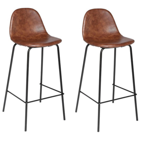 Lot de 2 tabourets de bar en simili cuir et métal - Marron - H 95 x L 43 x P 42 cm